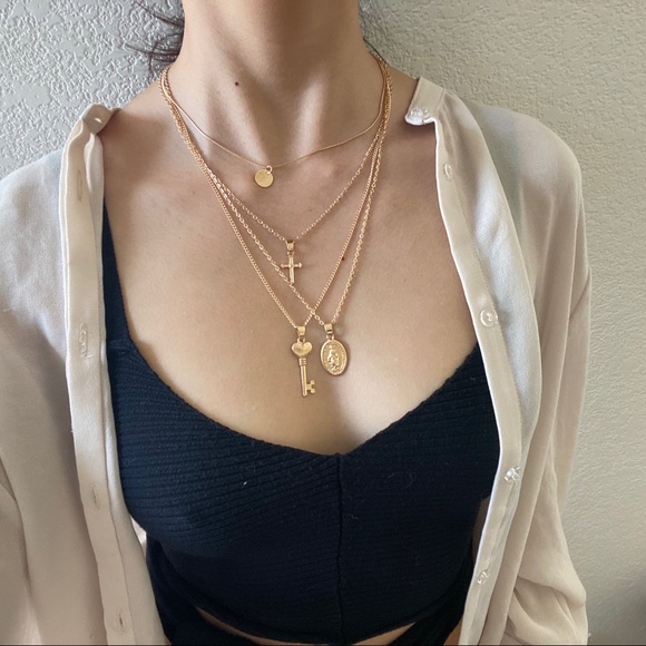 Heart Keys Saint Mary Cross Layered Necklace - Picture 3 of 8